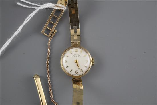 A ladys 1960s 9ct gold Fauve Leuba manual wind wristwatch, on a 9ct gold bricklink bracelet, gross weight 14.8 grams,